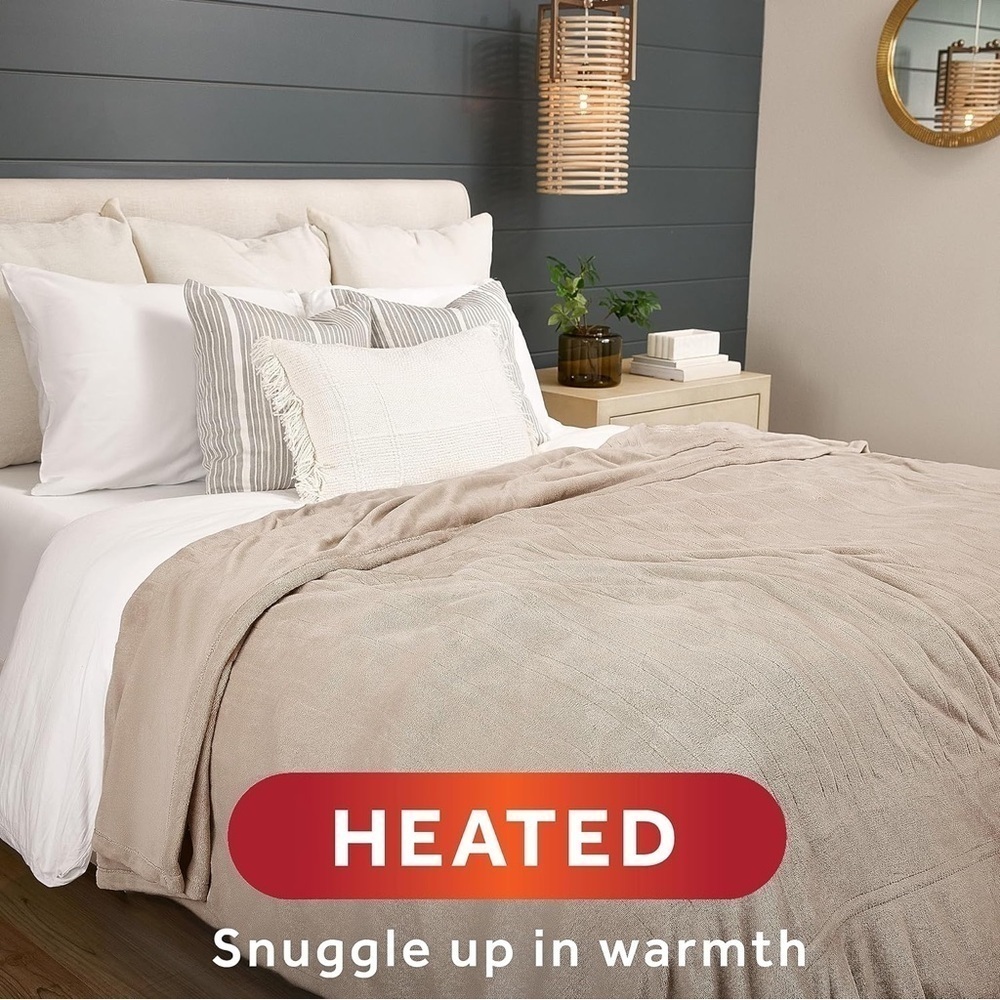 Sunbeam Full Queen Heated Blanket Mushroom Tan Microplush